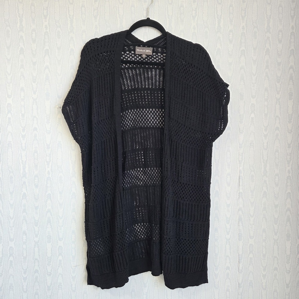 Michael Stars Womens XS Cardigan‎ Sweater Open Knit Longline Short Sleeve Black